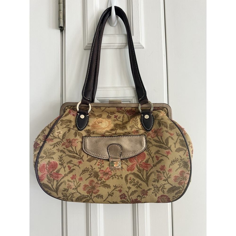 Vtg Liz Claiborne Tapestry Floral Carpet Bag Brown Shoulder Straps Metal Closure
